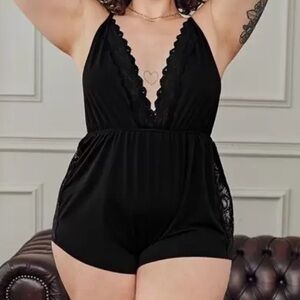 Black Lace Trimmed Plus Size Sleep Romper | 1XL